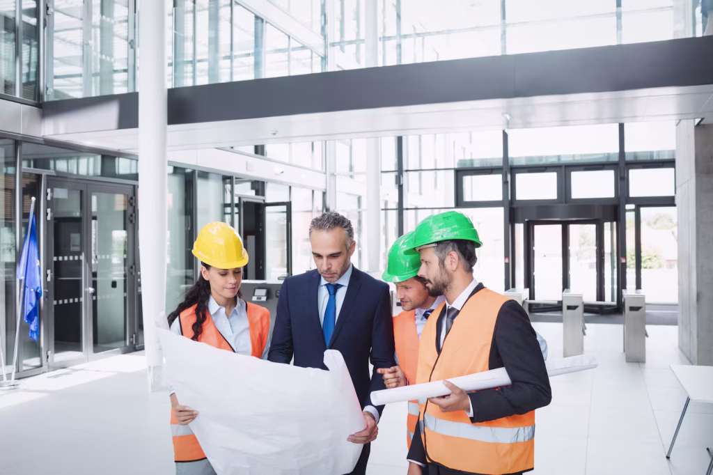 Four construction professionals wearing safety helmets and high-visibility vests review architectural plans inside a modern commercial building lobby.