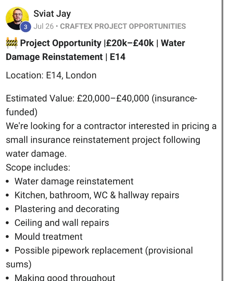 Craftex project shared with BizMentor members: 2040K reinstatement, London E14