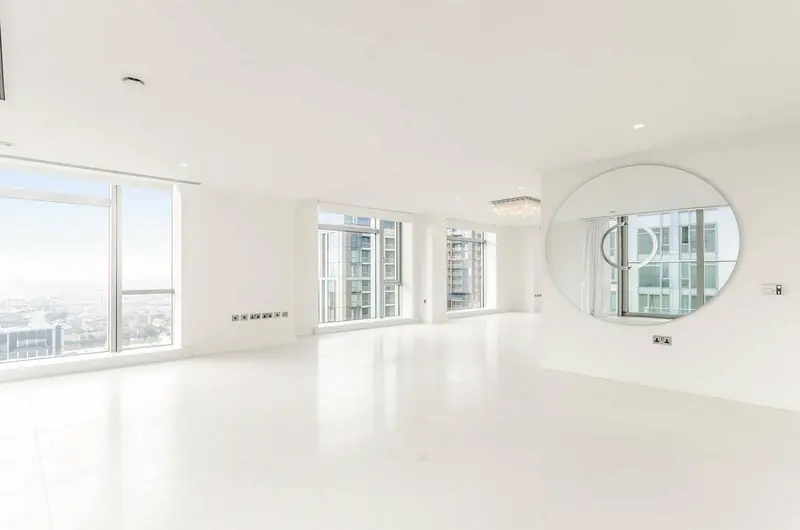 Bright empty apartment with city views after the work is finished