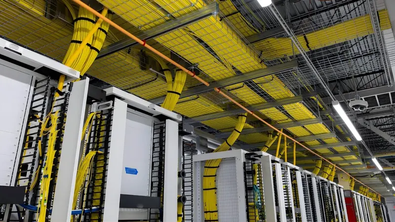 Data hall with yellow cable trays above server racks