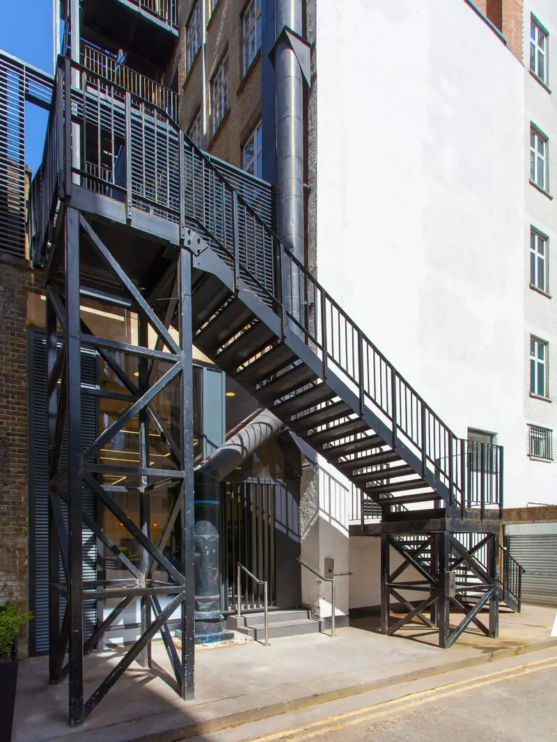External steel escape stair on the side of an office building