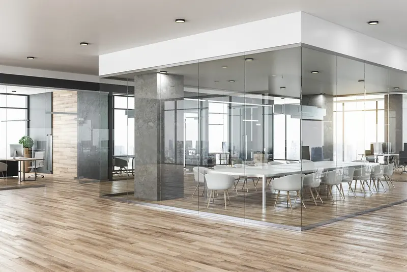 Glass meeting room with timber floor