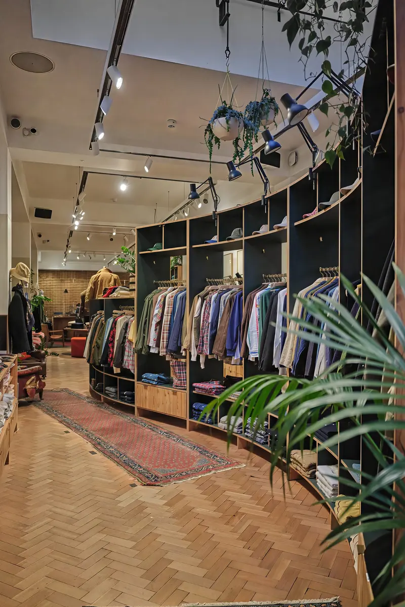 Menswear shop interior with timber shelving and a herringbone floor