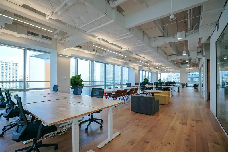 Open-plan office with long desks and timber floor