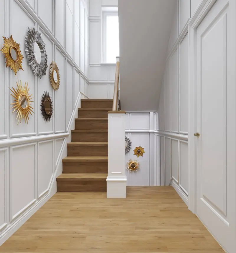 Panelled hallway and stair with sunburst mirrors