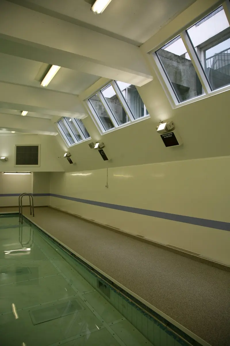 Pool hall with a tiled edge and roof windows