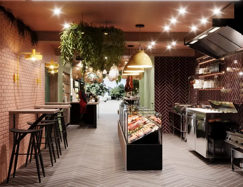 Restaurant with brick walls, deli counter and hanging plants