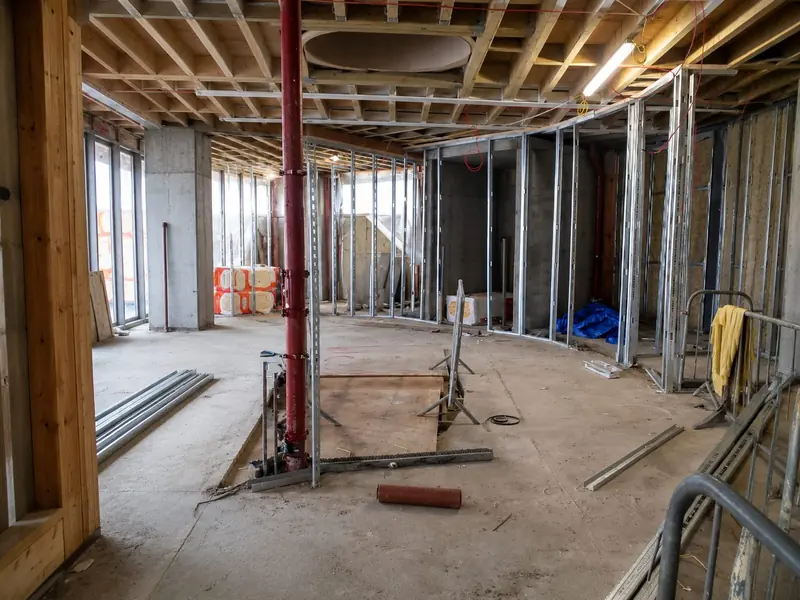 Steel column and timber floor during structural works