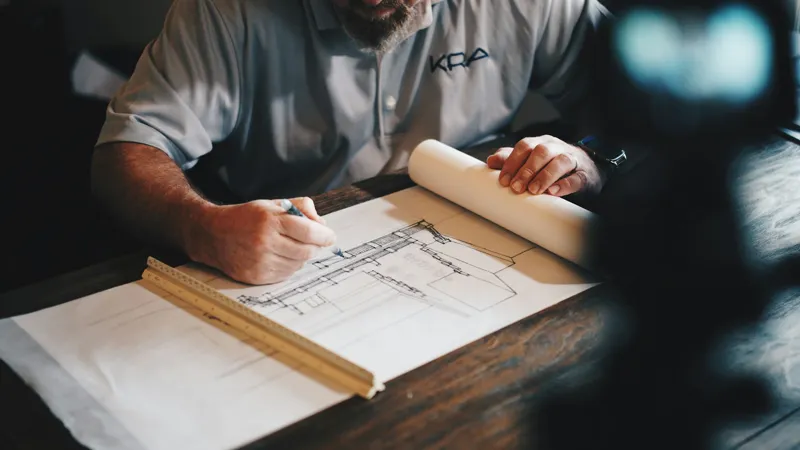 Designer drafting plans with a pencil and ruler at a desk