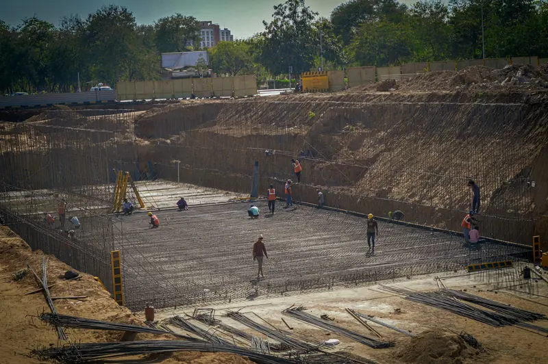 Basement excavation with reinforcement laid for the slab