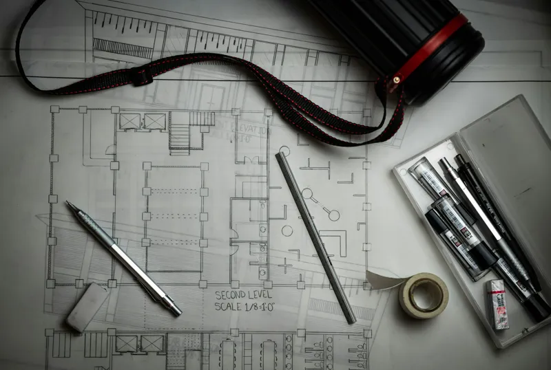 Architectural drawings with pencils, a ruler and a drawing tube on a desk