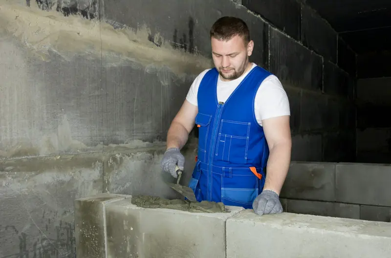 Builder in overalls laying blocks with mortar