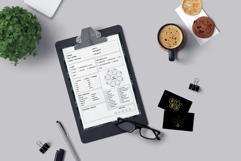 Clipboard with a checklist, glasses and coffee on a desk