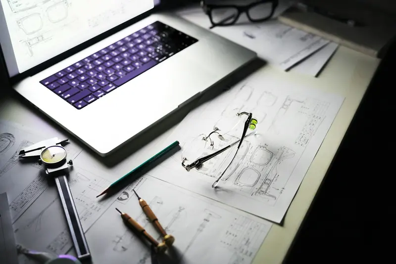 Desk with a laptop, technical drawings and pencils