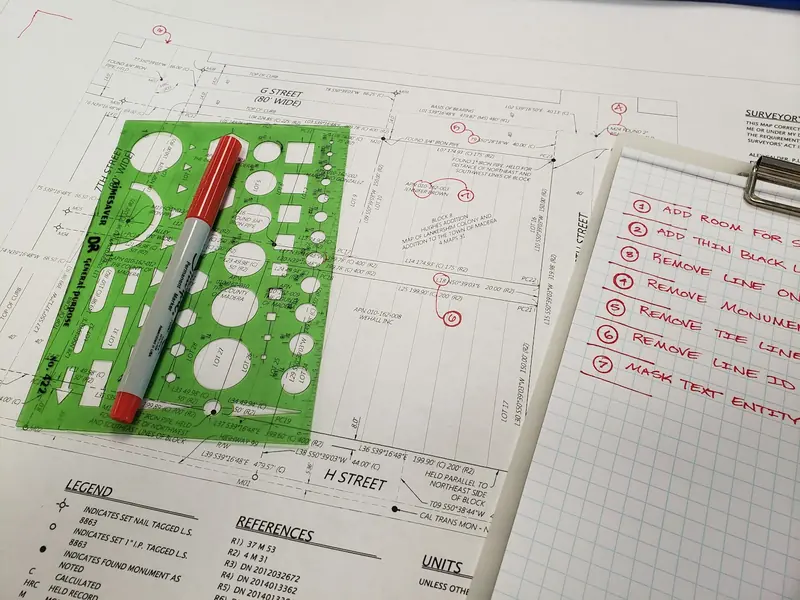 Drawing template and red pen on architectural plans with a snag list