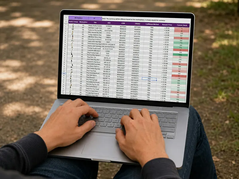 Hands typing on a laptop showing a costings spreadsheet