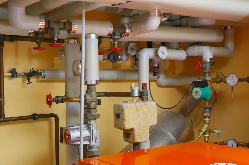 Heating pipework, valves and pumps in a plant room
