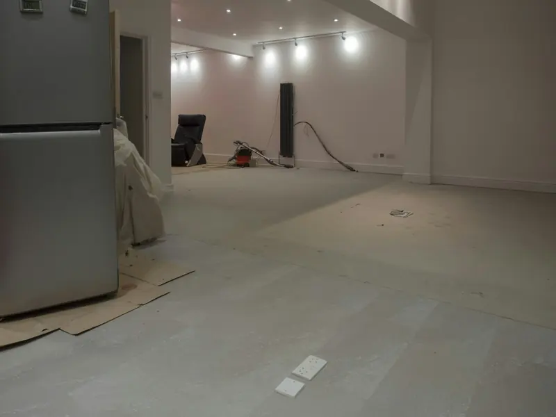 Newly tiled floor in a room part-way through renovation