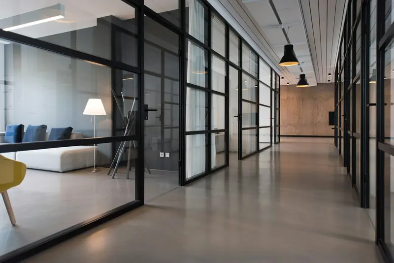 Office corridor with glazed partitions