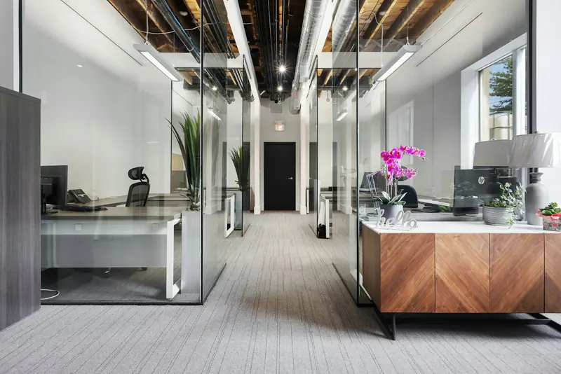 Office reception with glazed rooms behind