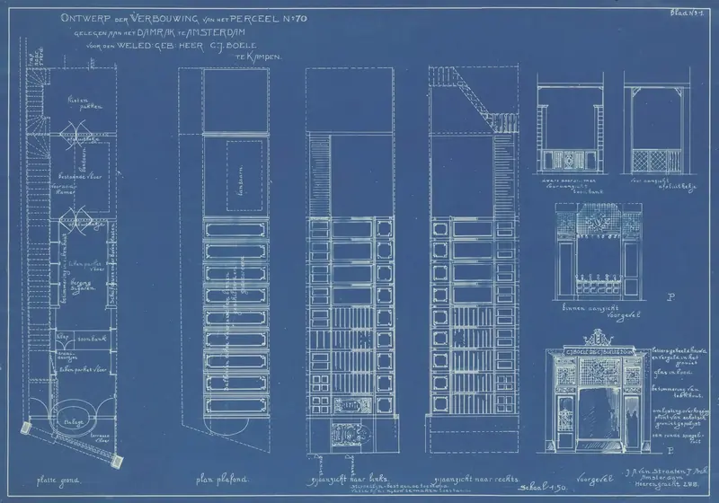 Old blueprint of a shopfront elevation and plan