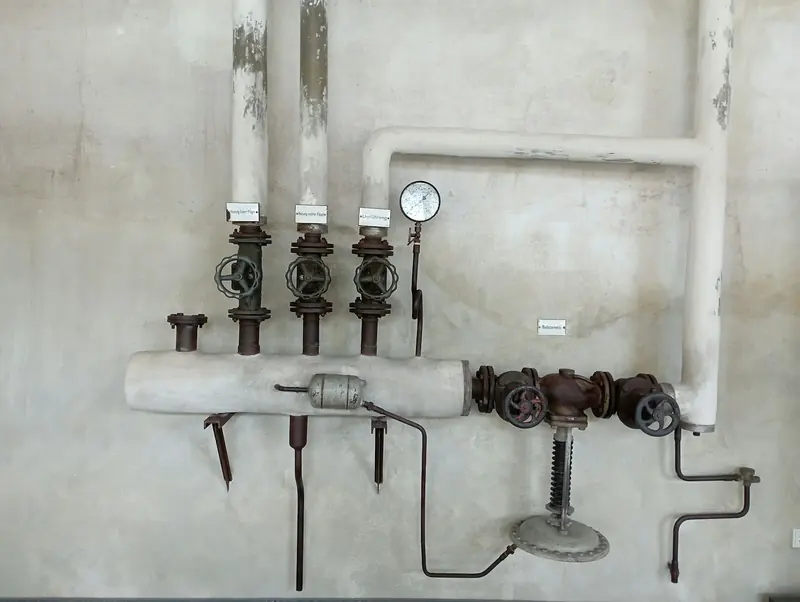 Pipework, valves and a pressure gauge mounted on a plant room wall