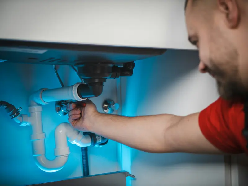Plumber working on a pipe set into a wall