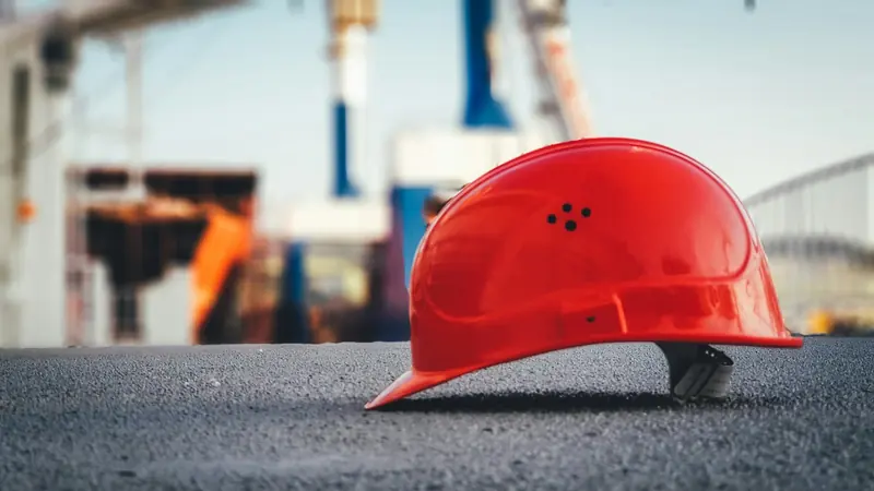 Red safety helmet on the ground at a building site