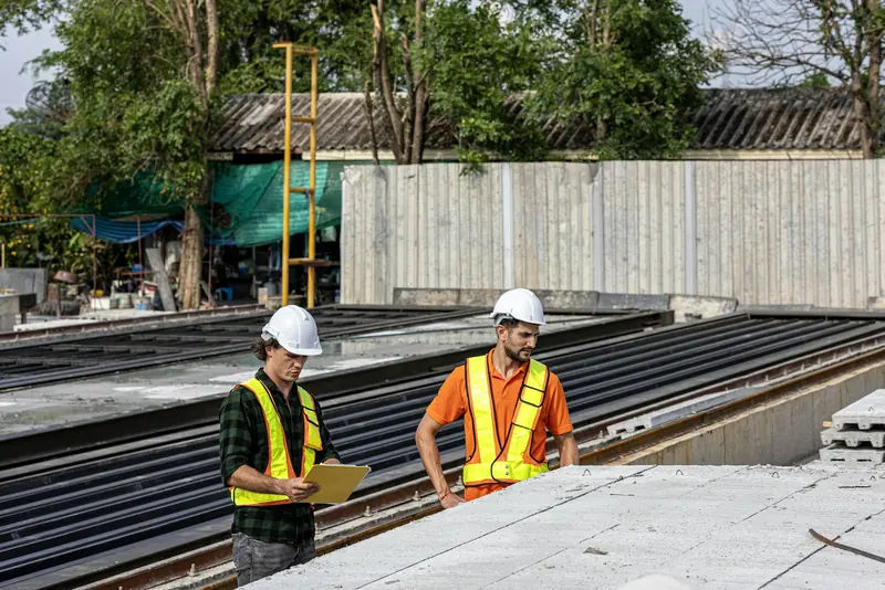Supervisors in hard hats checking a drawing on site