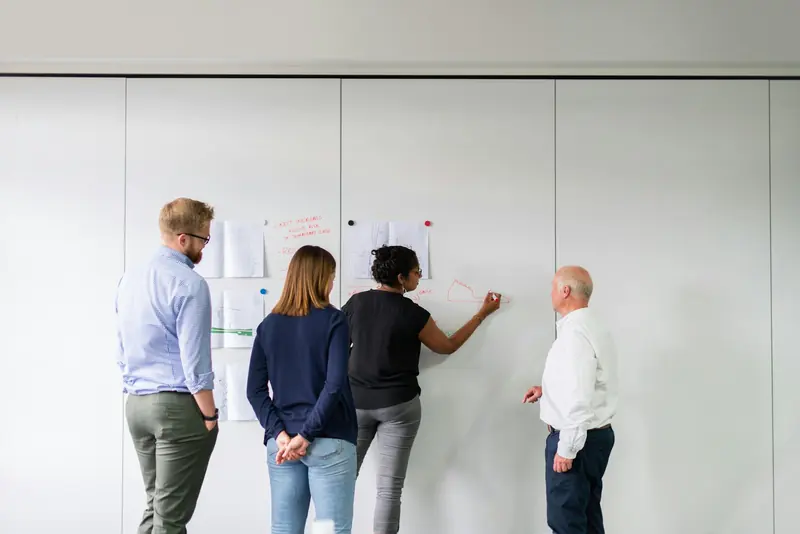 Team planning on a whiteboard wall