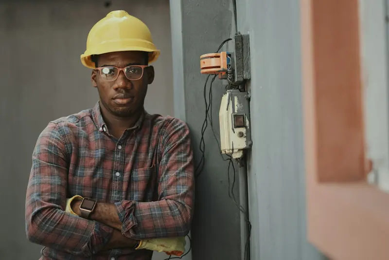 Tradesman in a hard hat and plaid shirt on site