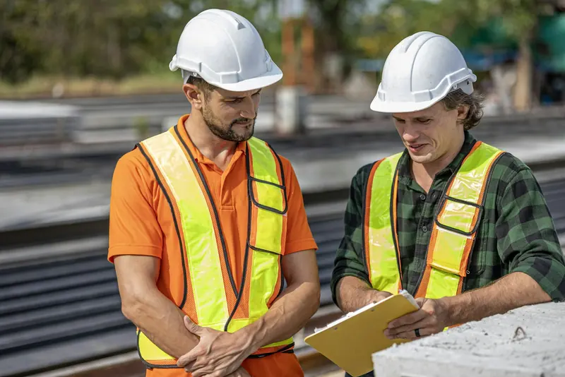 Two site supervisors in hard hats reviewing plans together