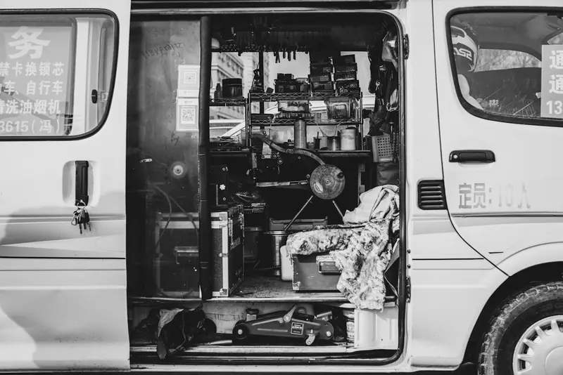 Van interior fitted out as a mobile workshop
