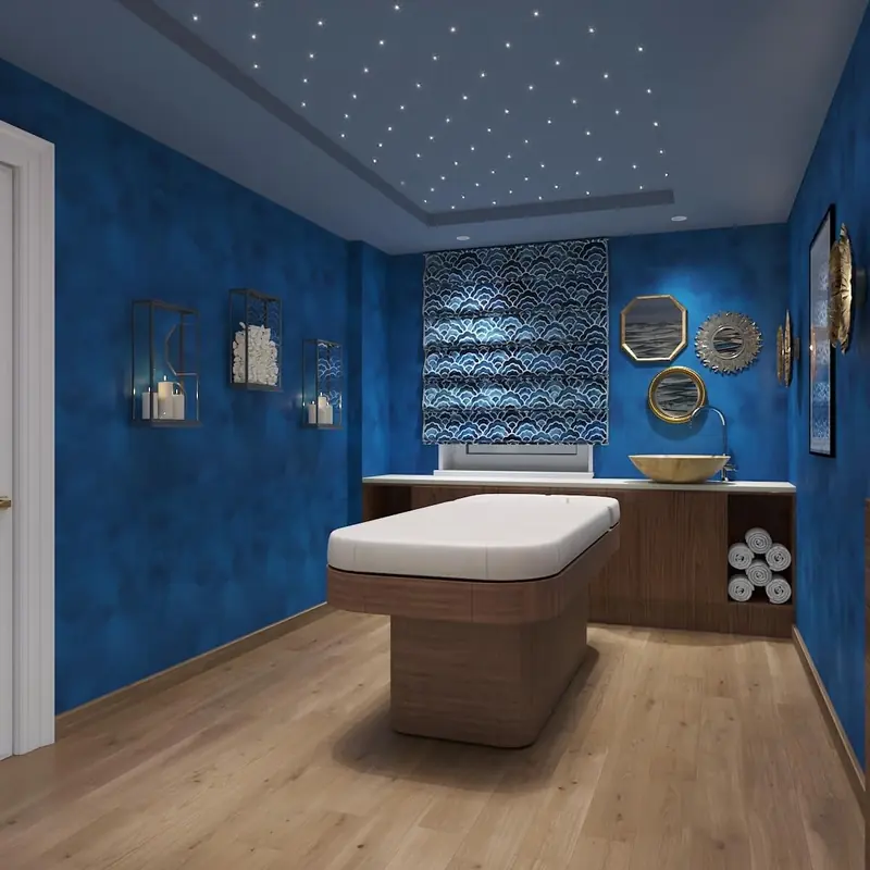 Treatment room with blue textured walls and a star ceiling